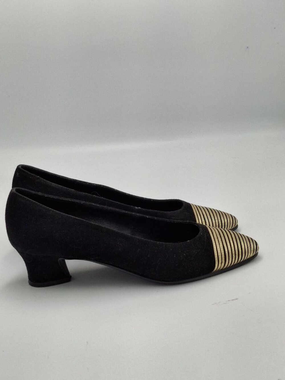 Vintage J. Renee Black Suede Kitten Heels with Gold Striped Toe Cap